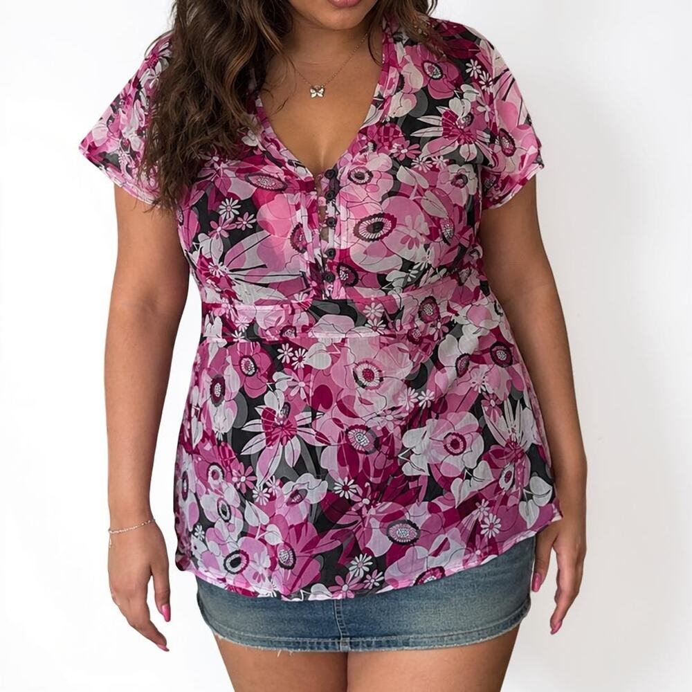 Notations Woman Pink Floral Tie Back Lined Blouse 2X